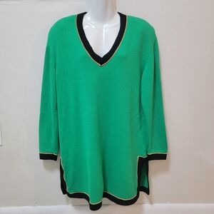 ST JOHN Sweater Santana Knit V-Neck Tunic Green L Golden Long Slv Christmas